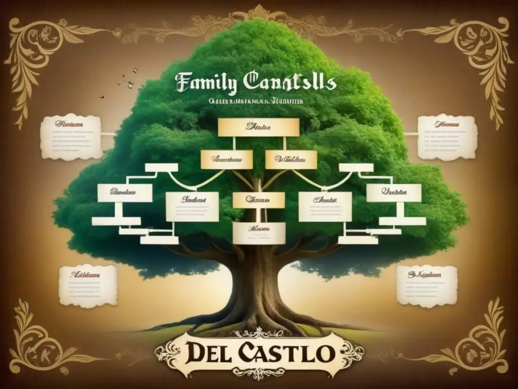 Árbol genealógico vintage detallando la historia del apellido Del Castillo con caligrafía ornamental y tonos sepia