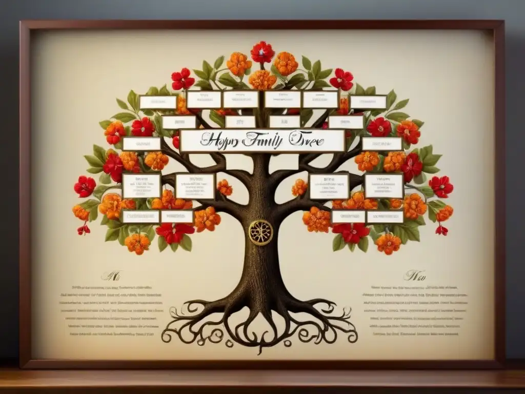 Árbol genealógico vintage detallando la historia de apellidos y genealogía con caligrafía y motivos florales