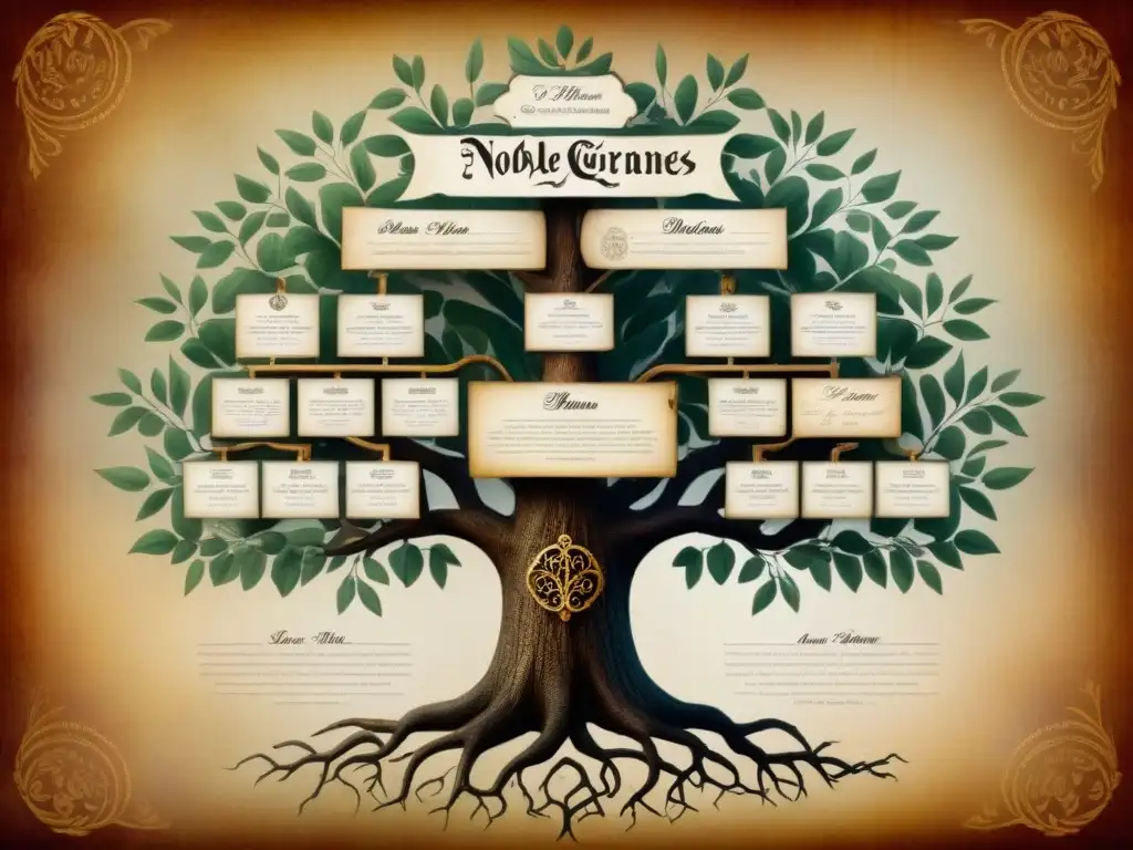 Un árbol genealógico de historia apellidos nobiliarios linajes olvidados, detallado con caligrafía ornamental en pergamino envejecido