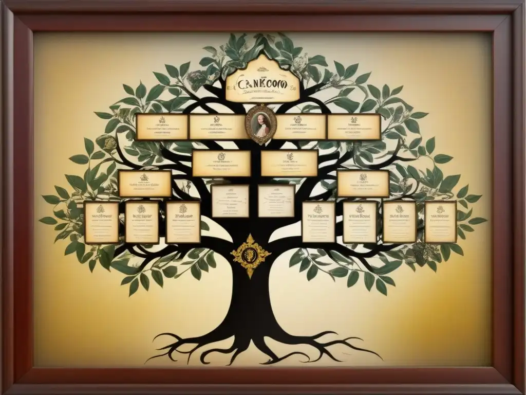 Árbol genealógico vintage detallando la historia de los apellidos Ocampo y Ozores en España y Latinoamérica, con caligrafía ornamental y fotografías antiguas