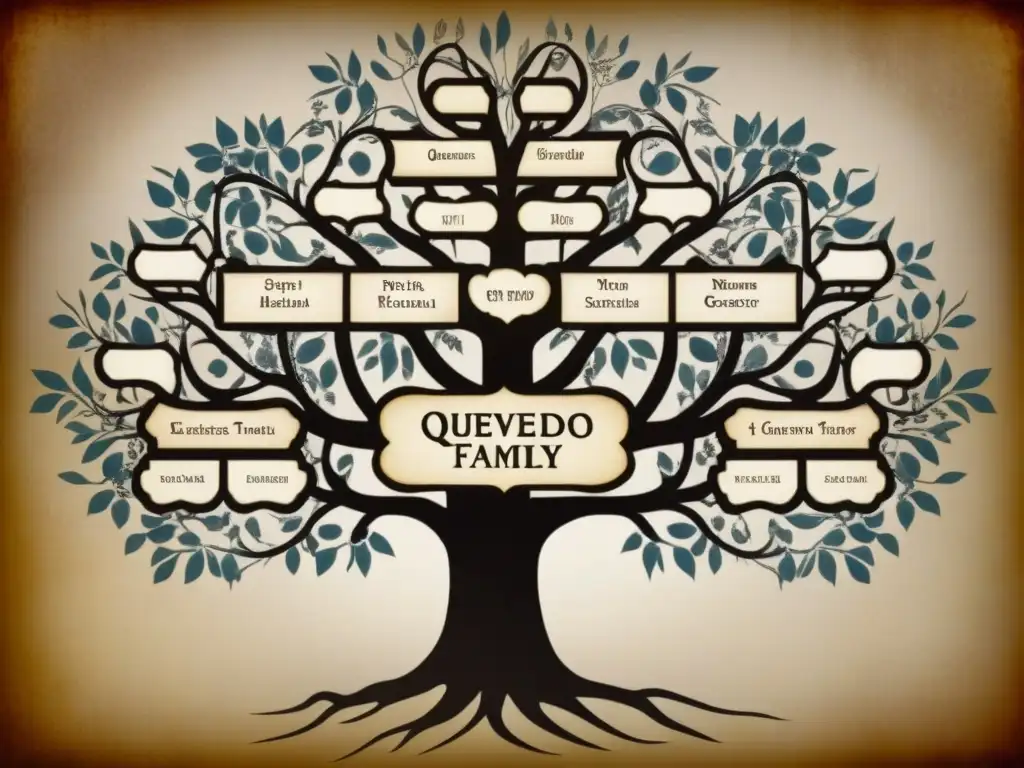 Un árbol genealógico vintage detallando la historia de la familia Quevedo con caligrafía ornamental