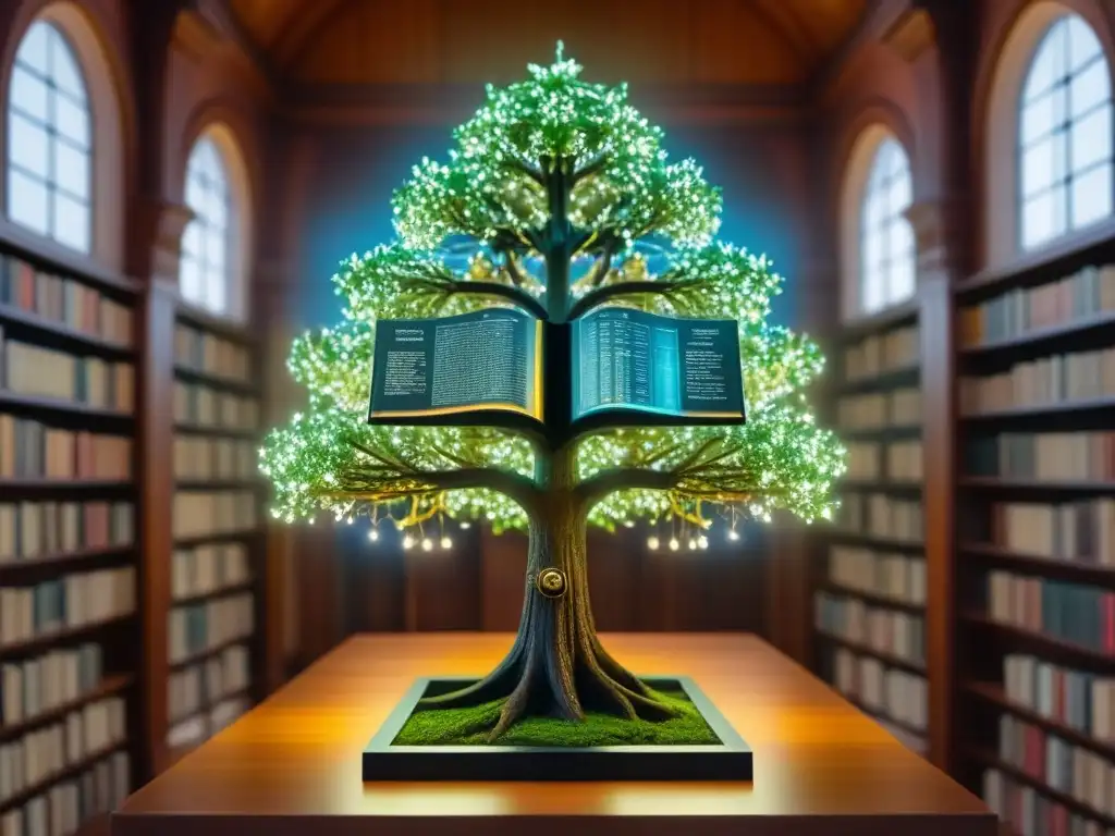 Un árbol genealógico holográfico futurista en una biblioteca histórica