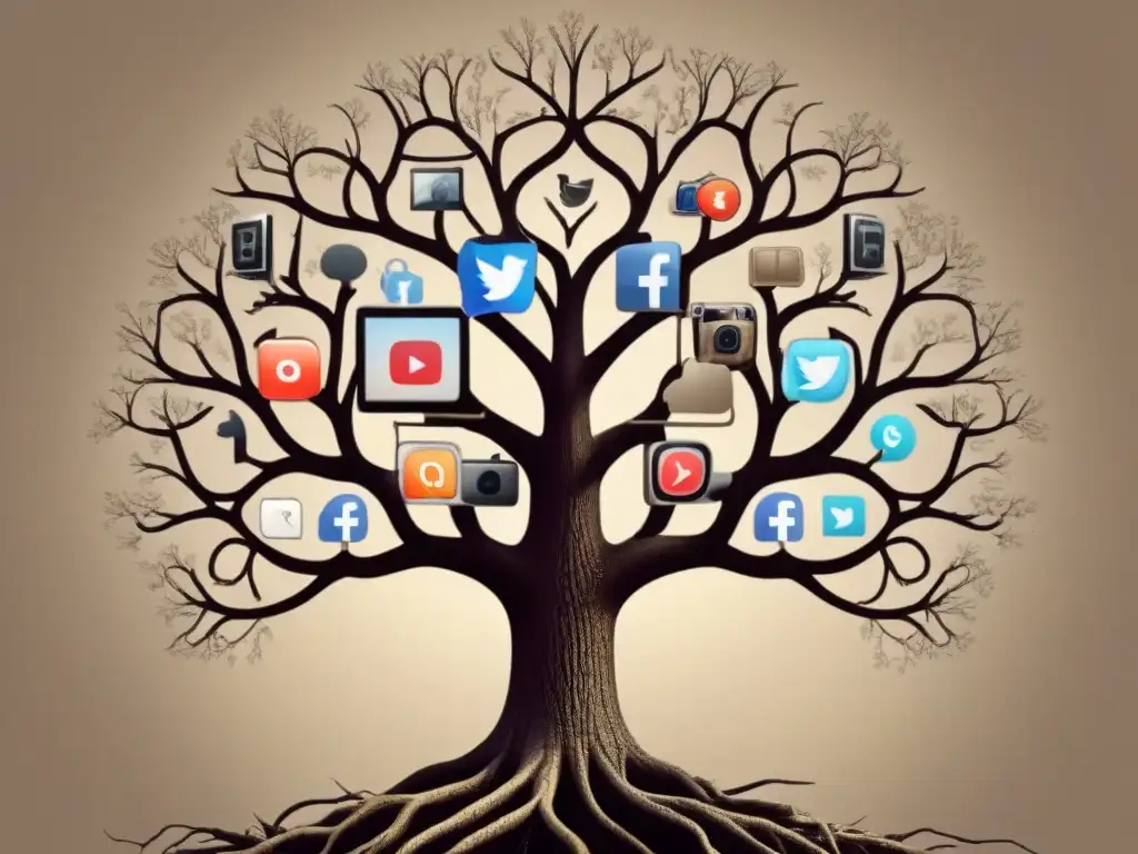 Ilustración vintage de árbol genealógico con íconos de redes sociales, simbolizando la evolución y impacto de internet en la percepción de los linajes