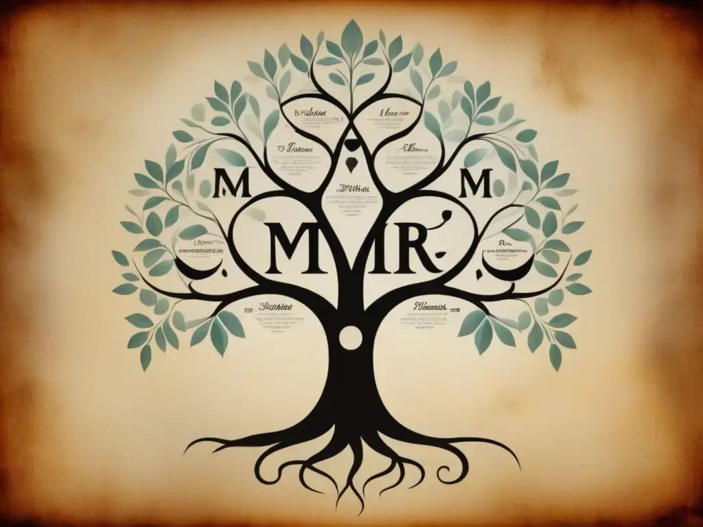 Un árbol genealógico vintage intrincado con caligrafía elegante, ADN y la historia de apellidos que inician con 'M'