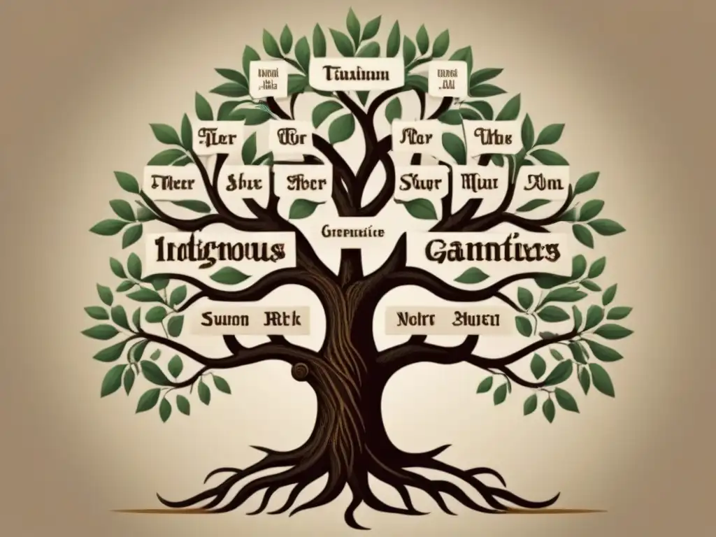 Un árbol genealógico indígena intrincado que muestra la conexión de apellidos a lo largo de generaciones, con raíces y ramas simbolizando la herencia