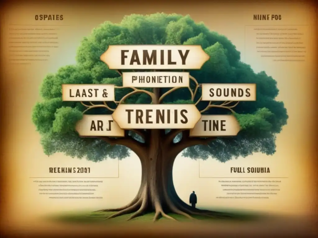 Un árbol genealógico intrincado ilustrado al estilo vintage, donde ramas se entrelazan y dividen en variados apellidos, reflejando la evolución fonética de apellidos a lo largo del tiempo