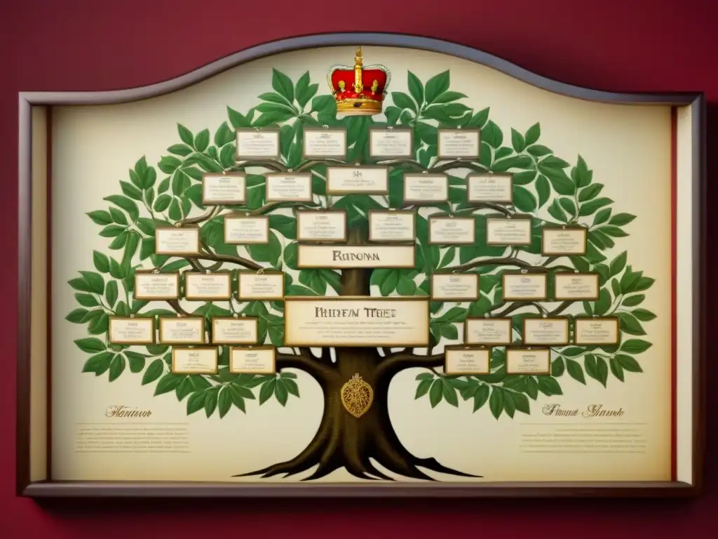 Un árbol genealógico intrincado e inspirado en la época vintage que muestra las conexiones entrelazadas de linajes nobles europeos, con caligrafía detallada de cada nombre y escudo de familia aristocrática