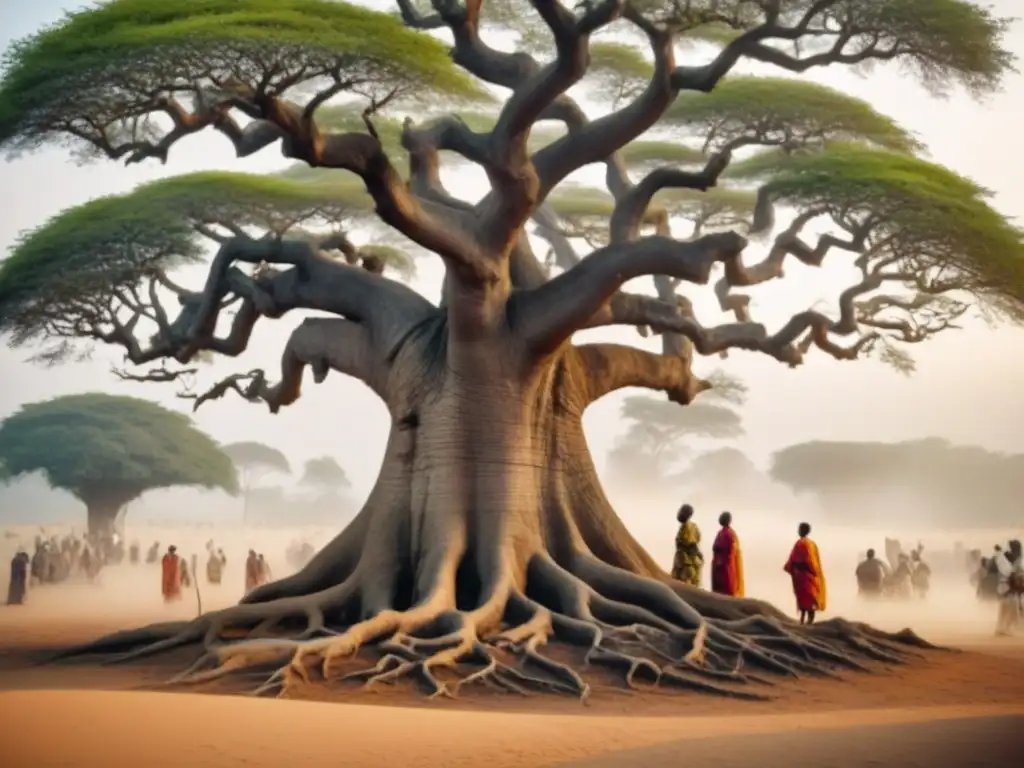 Un árbol genealógico intrincado en sepia, con raíces que se entrelazan con símbolos culturales africanos, representando genealogía por países raíces culturas