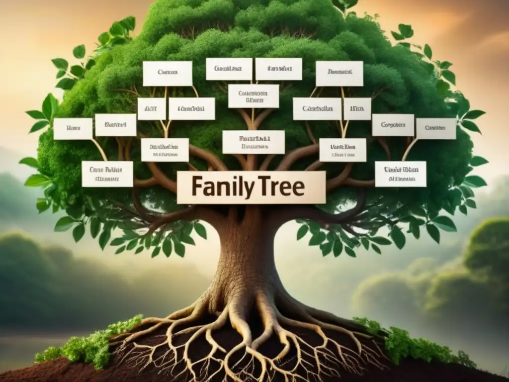 Un árbol genealógico intrincado, con raíces profundas y ramas extensas, en tonos cálidos