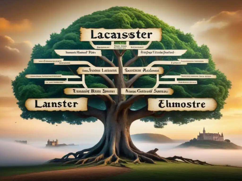 Un árbol genealógico intrincado en tonos sepia con apellidos legendarios como 'Lancaster' y 'Montague' en caligrafía detallada