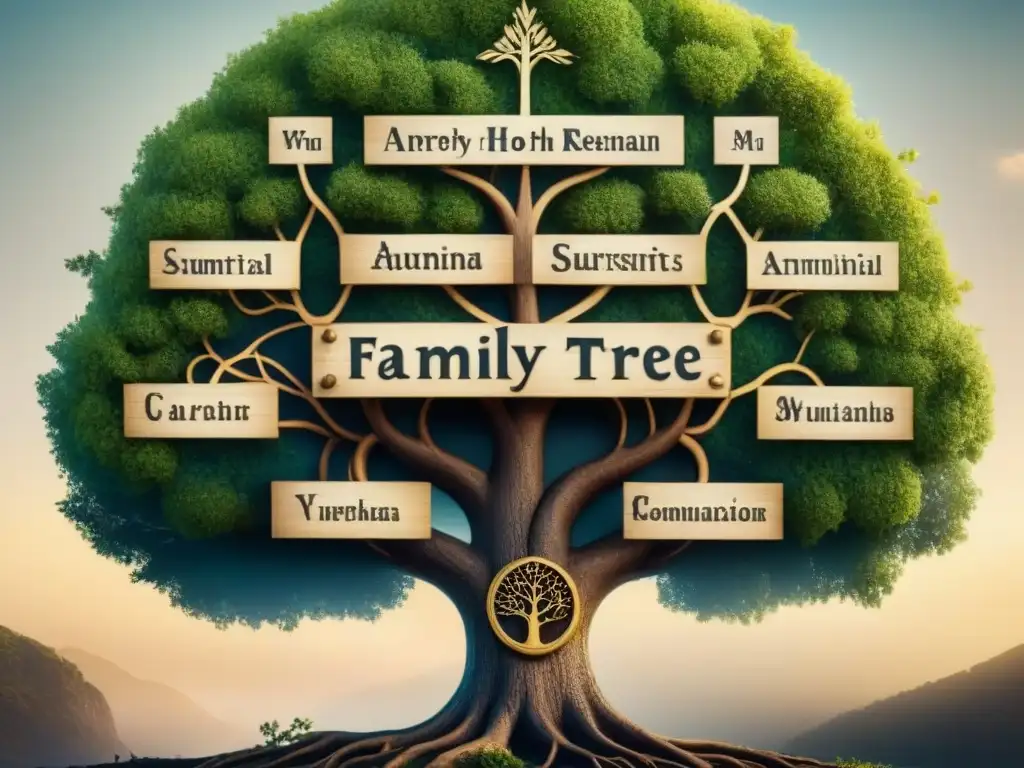 Un árbol genealógico intrincado y vintage con nombres hebreos, retratando la historia de apellidos judíos ashkenazí