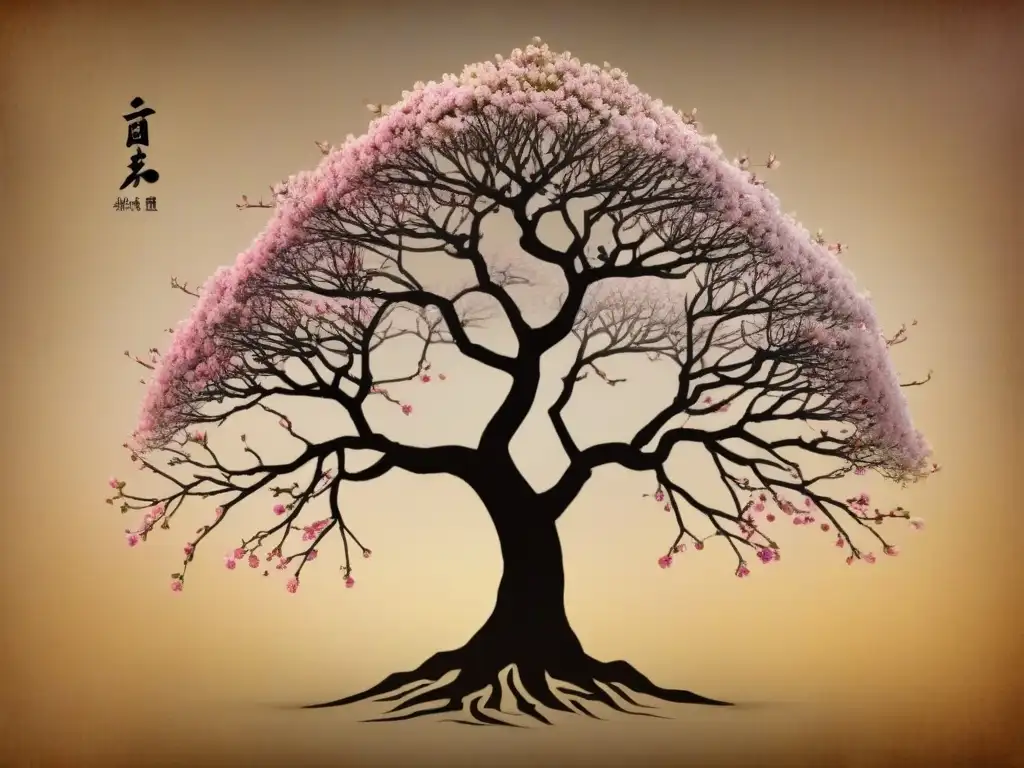 Un árbol genealógico japonés vintage con kanji escritos a mano, ramas de cerezo y tonos sepia que evocan historia apellidos japoneses evolución