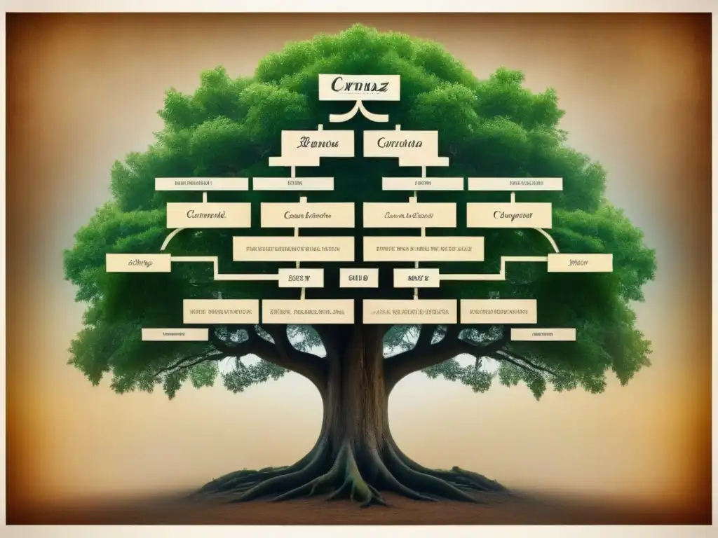 Un árbol genealógico vintage detallando el linaje del apellido Carranza en caligrafía elegante sobre pergamino envejecido