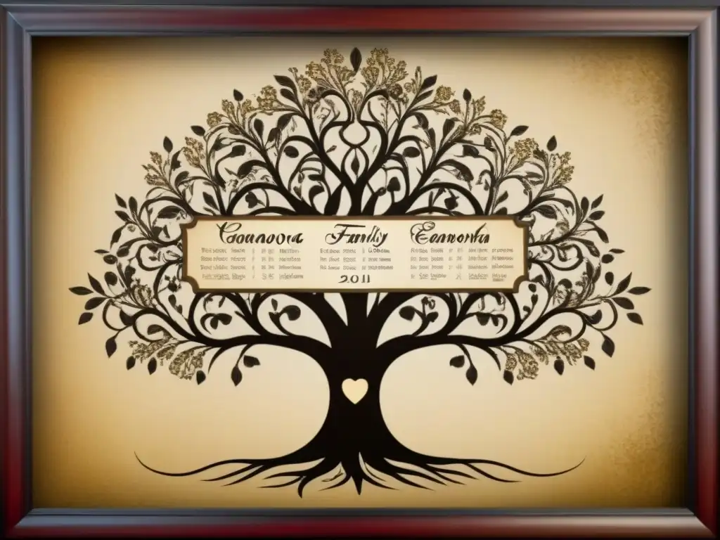 Un árbol genealógico vintage detallando el linaje de la familia Casanova en tonos sepia, con caligrafía elegante y ornamentos florales