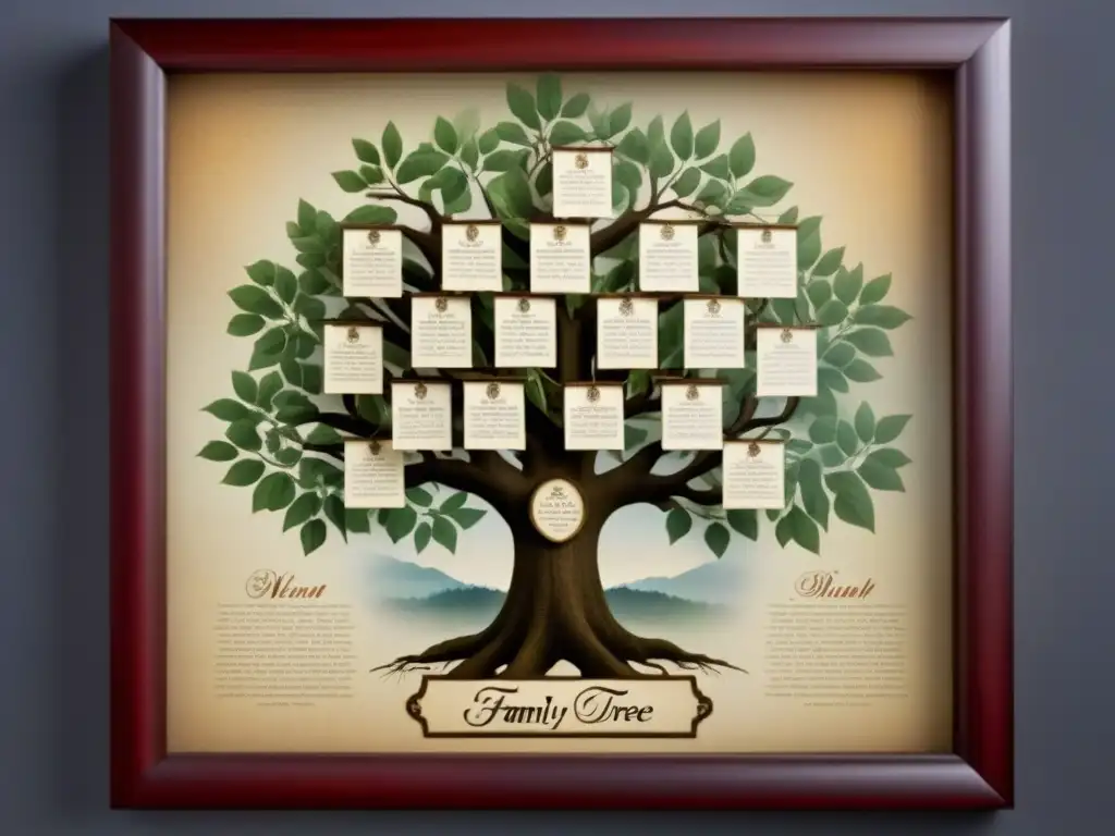 Un árbol genealógico sepia detallando linajes con caligrafía, fotos antiguas en marcos adornan las ramas