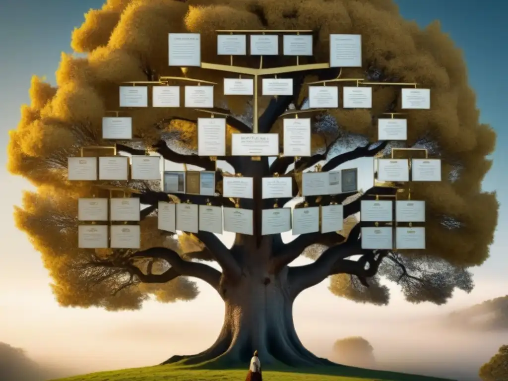 Un árbol genealógico lujoso de la familia Dueñas a lo largo de los siglos, con ramas intrincadas y nombres de ancestros prominentes en hojas doradas