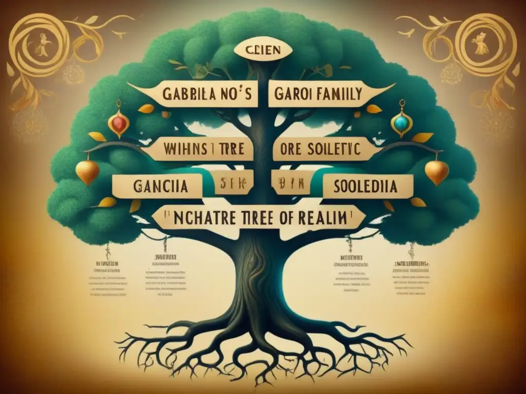 Un árbol genealógico mágico detallado de la familia Buendía, inspirado en 'Cien Años de Soledad' de Gabriel García Márquez