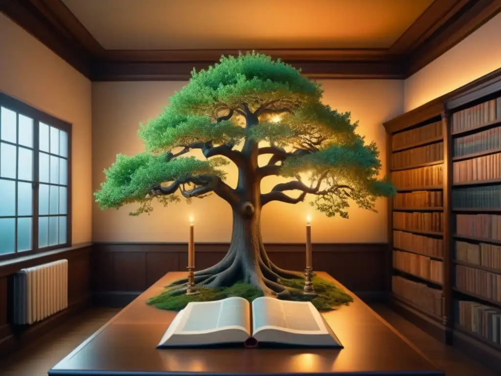 Un árbol genealógico majestuoso en una antigua biblioteca llena de libros y luz de velas, evocando historia de apellidos y genealogía