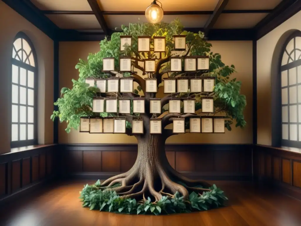 Un árbol genealógico majestuoso en una biblioteca antigua, resaltando el origen y significado de apellidos