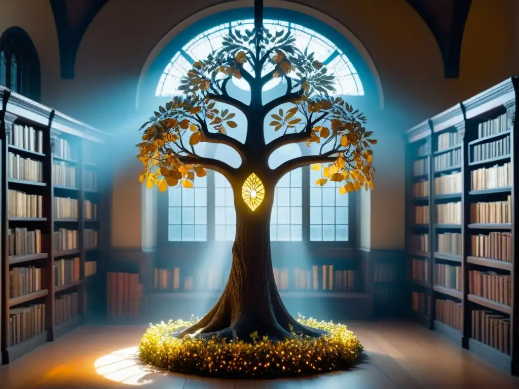 Árbol genealógico majestuoso en biblioteca antigua con apellidos en hojas doradas, evocando historia apellidos transformación linajes