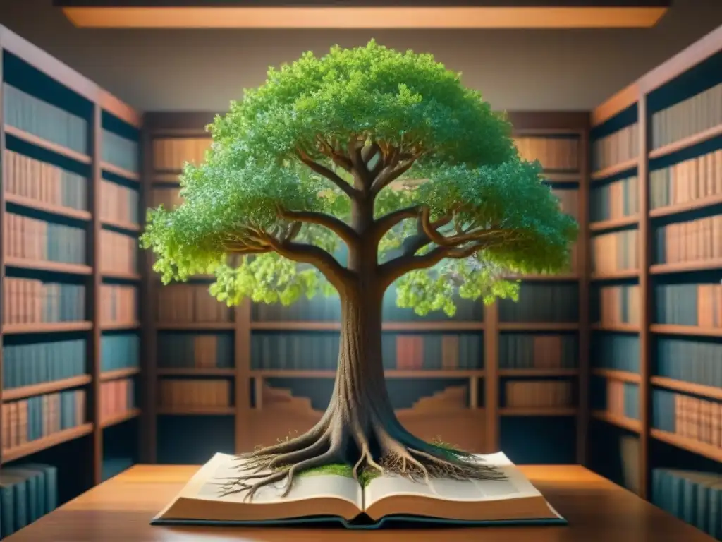 Un árbol genealógico majestuoso con estantes de libros antiguos en lugar de hojas, simbolizando conexiones inesperadas