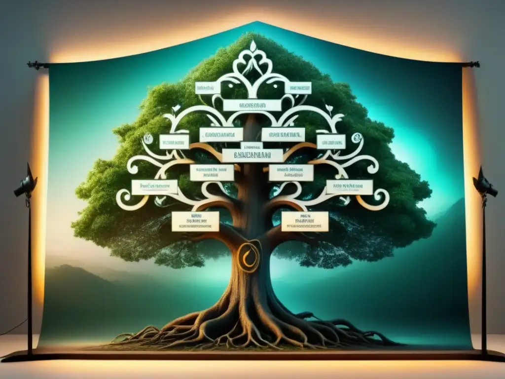 Un árbol genealógico majestuoso con símbolos antiguos y nombres de guardianes ancestrales