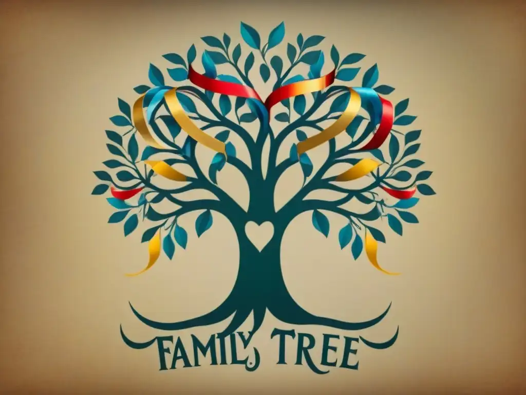 Árbol genealógico con nombres en caligrafía, cintas de colores y simbolismo de apellidos