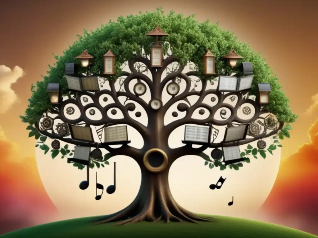 Árbol genealógico con notas musicales e instrumentos, reflejando el legado artístico del apellido Sanz