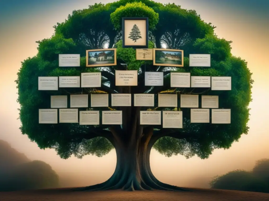 Un árbol genealógico vintage detallando el origen del apellido Zambrano, con caligrafía intrincada y retratos de ancestros