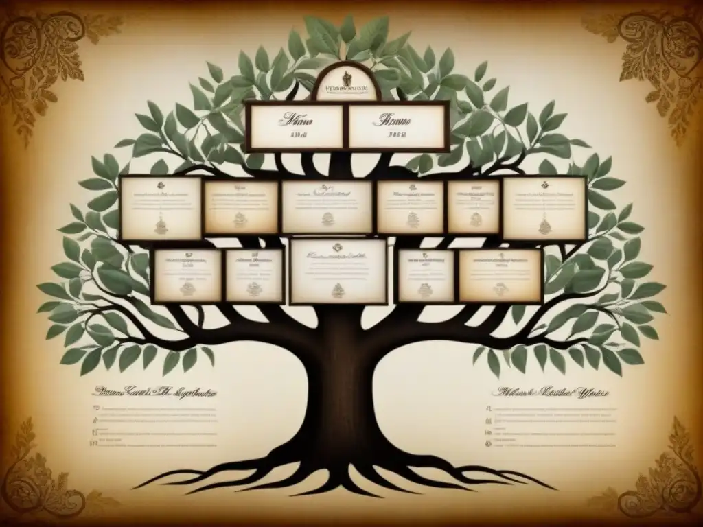 Árbol genealógico vintage de la familia Zamudio: legado en sepia Un árbol genealógico vintage detallando el origen del apellido Zamudio con tonos sepia y caligrafía elegante
