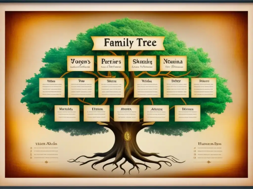 Un árbol genealógico vintage detallando el origen y evolución de apellidos en elegante caligrafía sobre pergamino envejecido