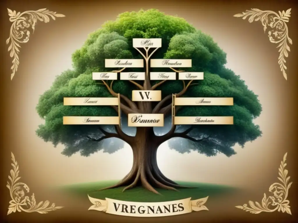 Un árbol genealógico vintage detallando el origen y evolución de apellidos con la letra 'V' a lo largo de los siglos