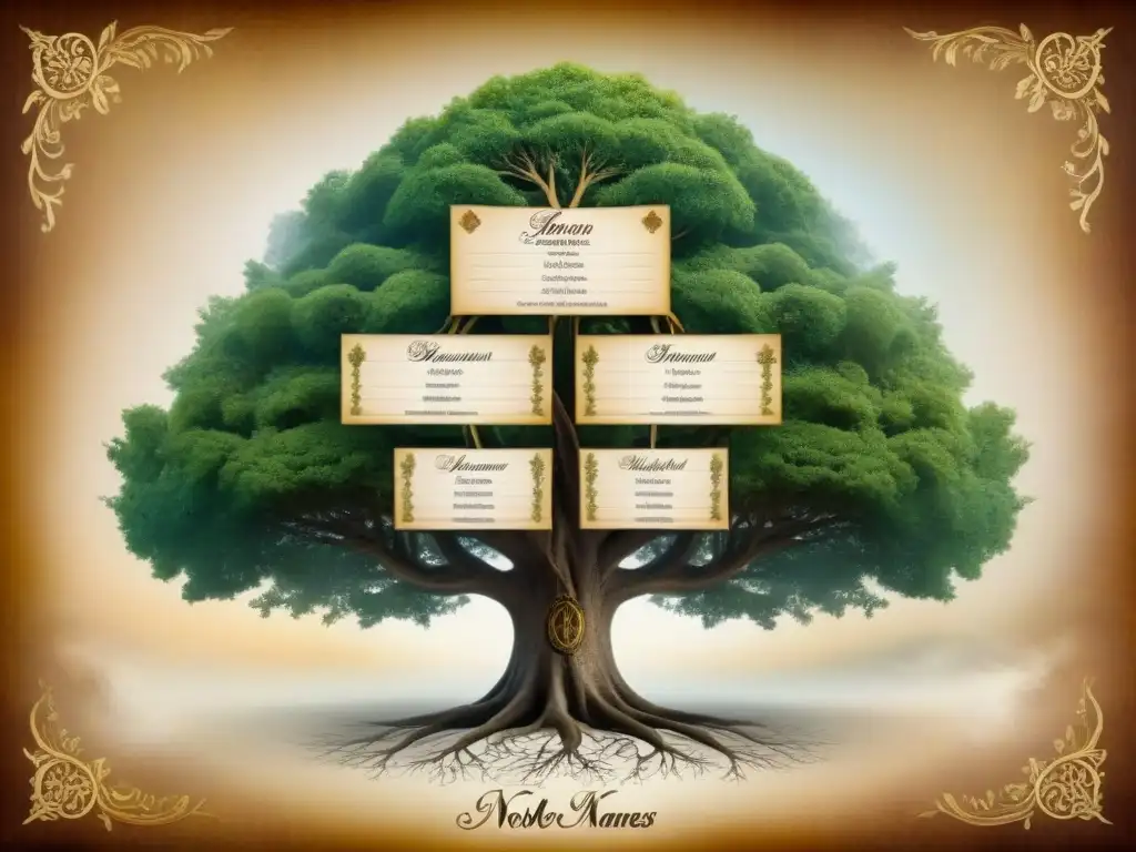 Un árbol genealógico vintage detallando el origen y significado de apellidos, con ramas que representan diferentes clases sociales