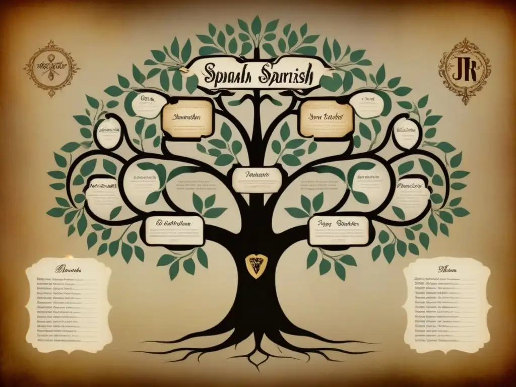 Un árbol genealógico detallando Origen y significado apellidos españoles con caligrafía elegante y símbolos ilustrativos