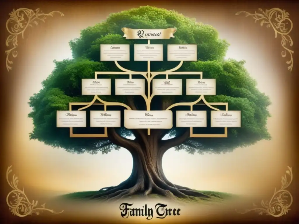 Un árbol genealógico vintage detallando los Orígenes apellidos raros R en tonos sepia, con conexiones sorprendentes