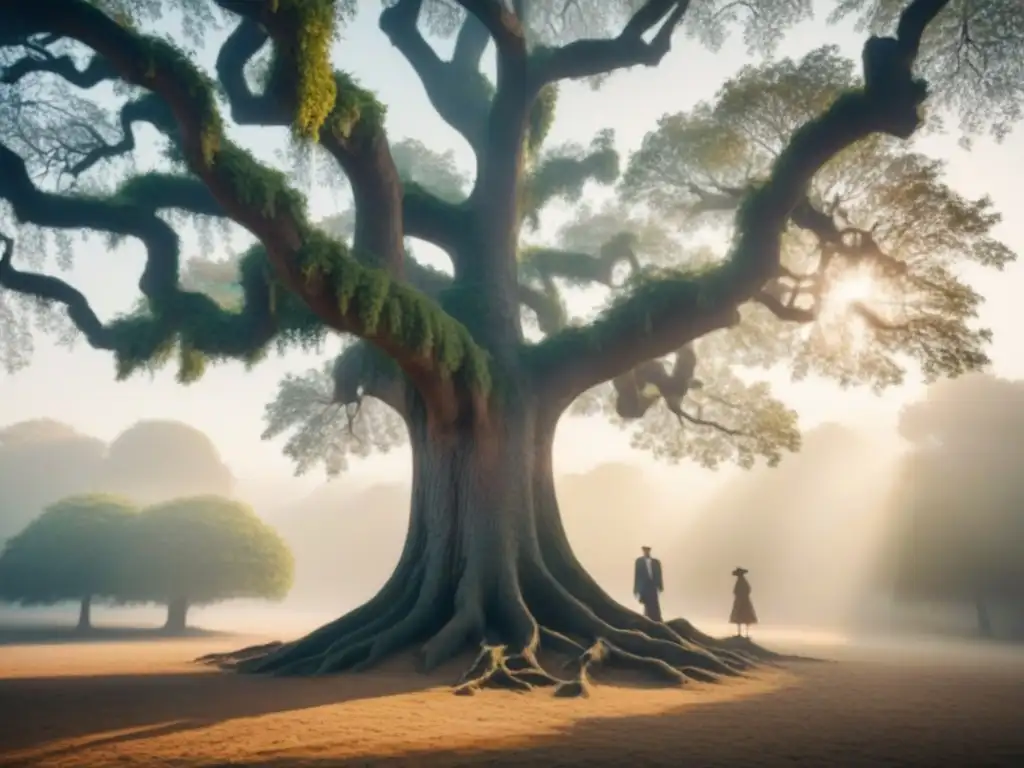 Un árbol genealógico sepia con ramas intrincadas, fotos vintage de ancestros y un mapa antiguo detrás