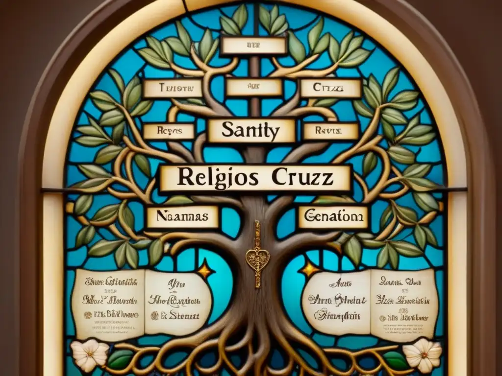 Árbol genealógico religioso: Santos, Cruz y Reyes Árbol genealógico religioso con historia de apellidos como Santos, Cruz y Reyes entre símbolos religiosos y vitrales, en tonos sepia
