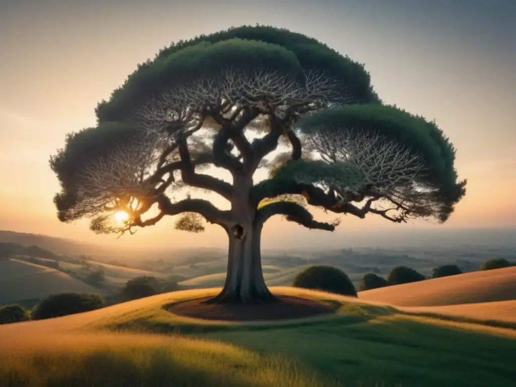 Árbol genealógico religioso con símbolos sagrados en un atardecer sereno