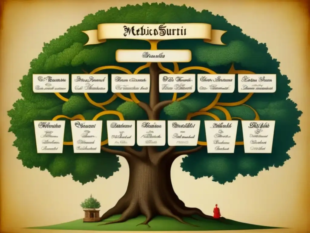 Un árbol genealógico renacentista intrincado con historias de apellidos en Renacimiento, crestas nobles y calligrafía detallada