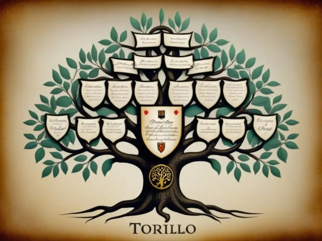 Un árbol genealógico vintage con apellidos 'Torres', 'Trujillo', 'Treviño' y 'Tovar', mostrando conexiones y linajes