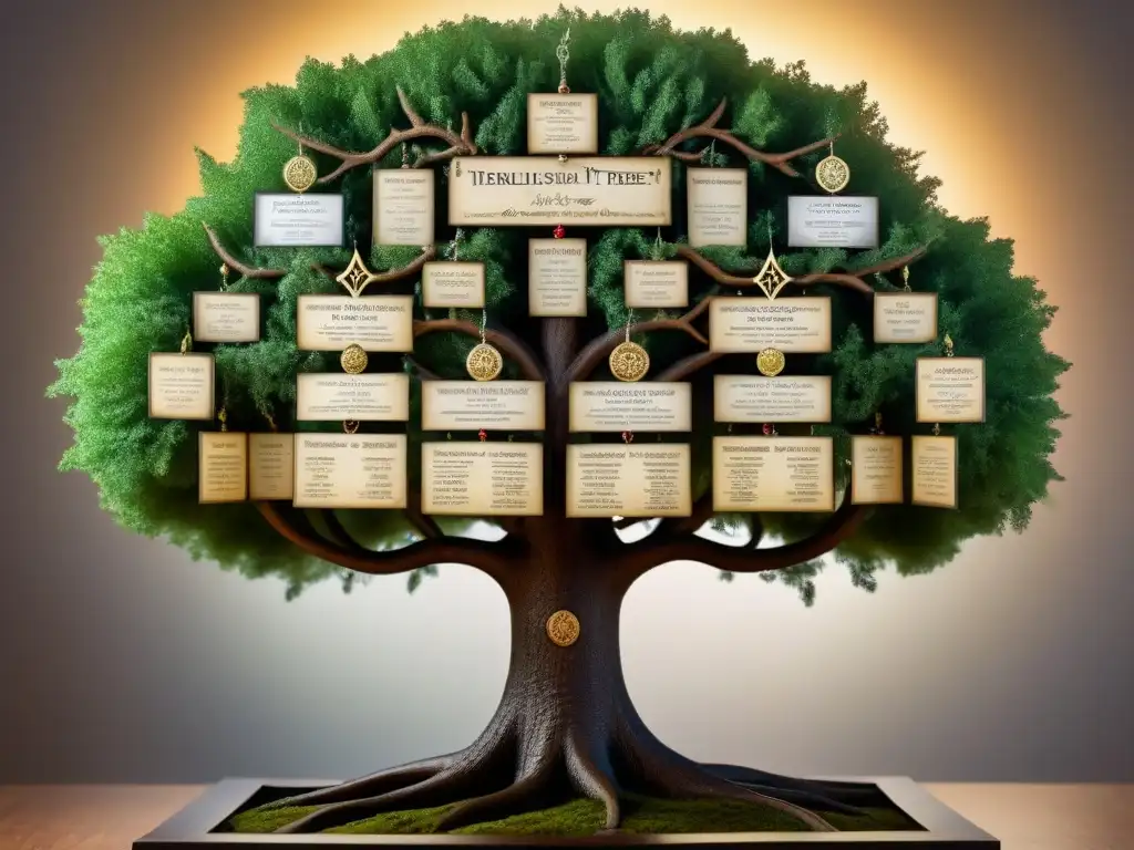 Árbol genealógico vintage con apellidos judíos que comienzan con la letra 'G', representando la diversidad y el origen judío de las familias