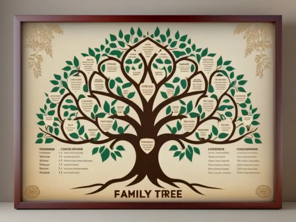 Un árbol genealógico vintage con apellidos samoanos únicos, decorado con motivos polinesios