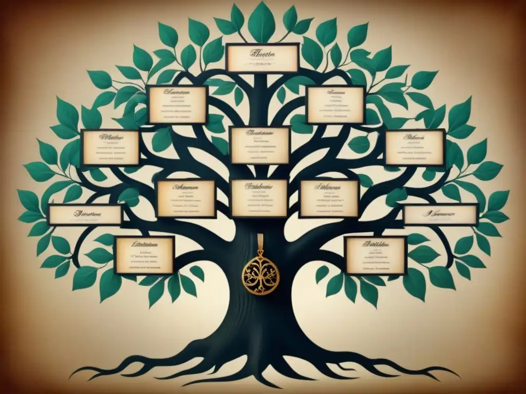 Árbol genealógico vintage con apellidos nobiliarios históricos en intrincado diseño de caligrafía y escudos detallados, evocando historia y herencia