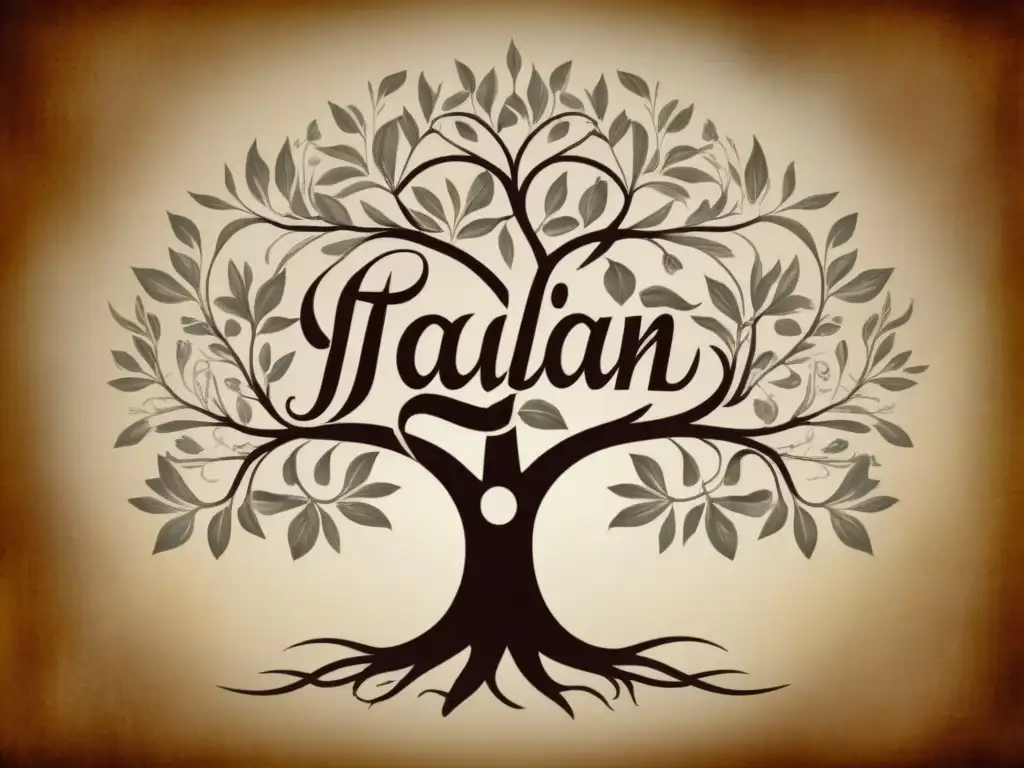 Árbol genealógico vintage con apellidos italianos en caligrafía, tonos sepia y mapa de Italia de fondo