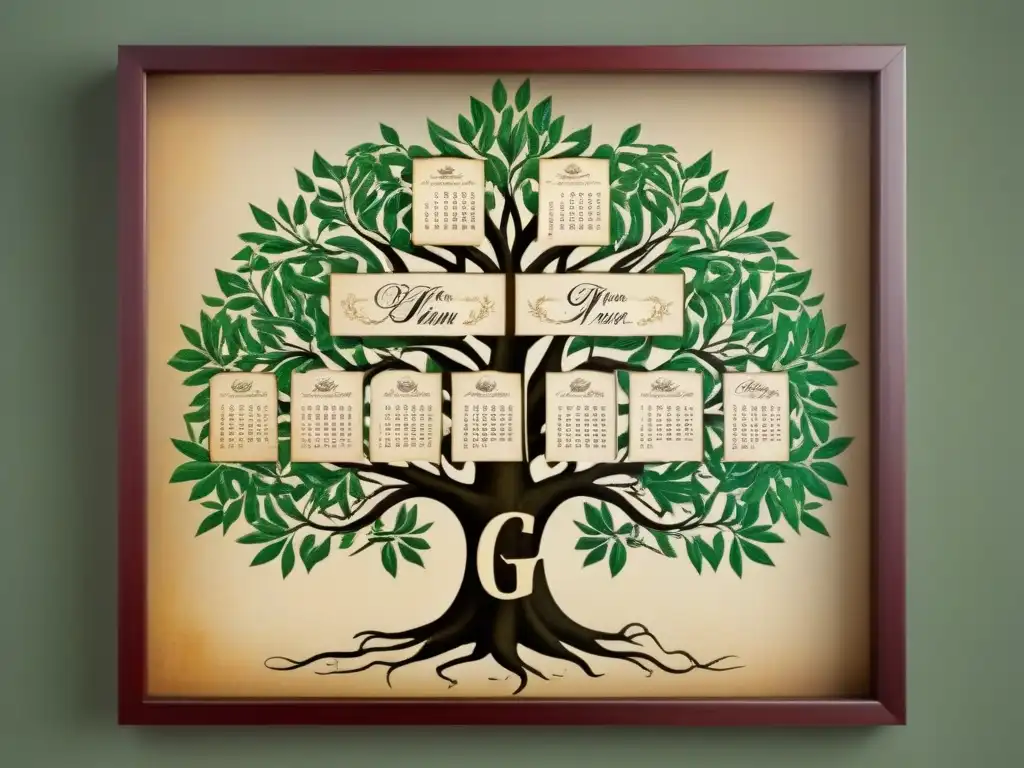 Árbol genealógico vintage de apellidos con G en caligrafía detallada sobre pergamino antiguo