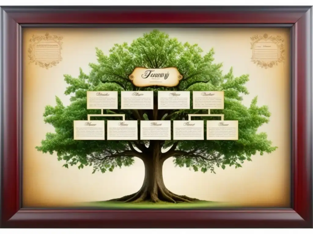 Un árbol genealógico vintage con caligrafía delicada que muestra la genealogía del apellido 'R', rodeado de patrones florales ornamentados en un pergamino envejecido, evocando un sentido de importancia histórica y herencia familiar