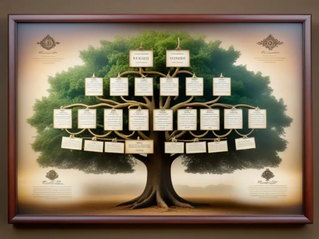 Árbol genealógico vintage con conexiones entre apellido y título, caligrafía detallada y tonos sepia