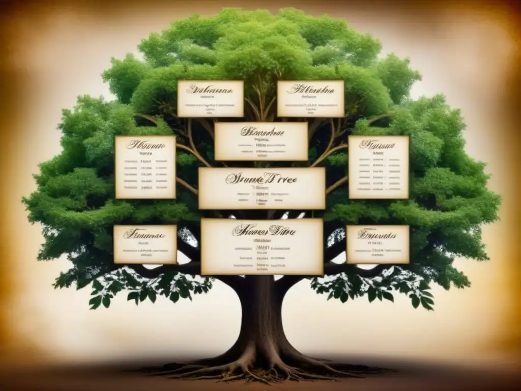 Un árbol genealógico vintage con curiosidades de apellidos raros del siglo XX en elegante caligrafía y tonos sepia