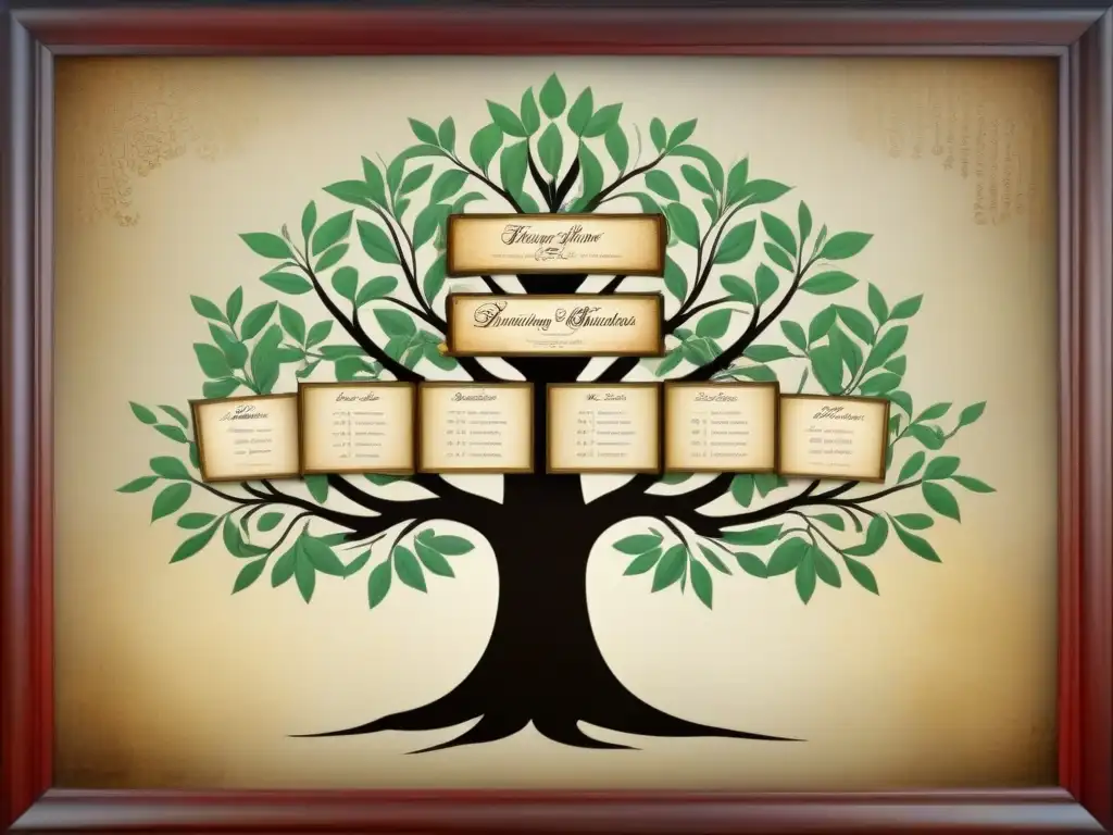 Árbol genealógico vintage con detallada caligrafía en pergamino envejecido, historia apellidos nobiliarios genealogía digital