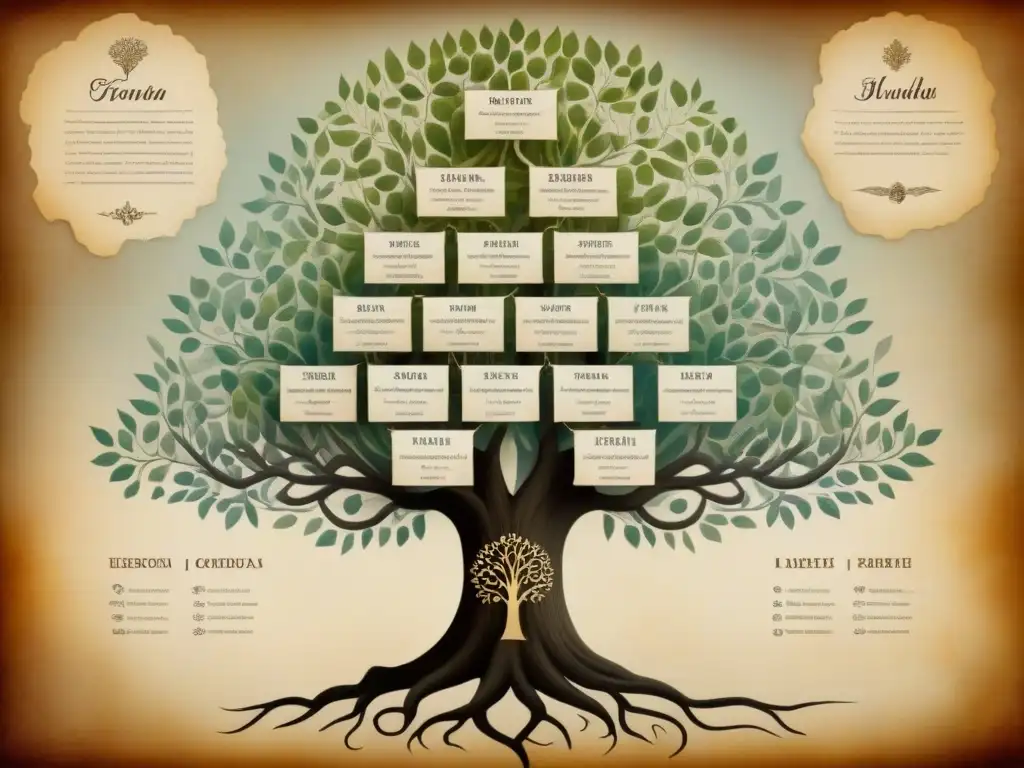 Un árbol genealógico vintage detallado sobre pergamino, mostrando la historia del apellido y su impacto en la sociedad a lo largo de las generaciones